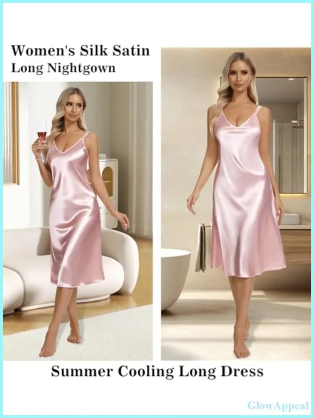 Women's Satin Sleeveless Nightgown V-Neck Slip Dress Wide Strap Lounge Wear